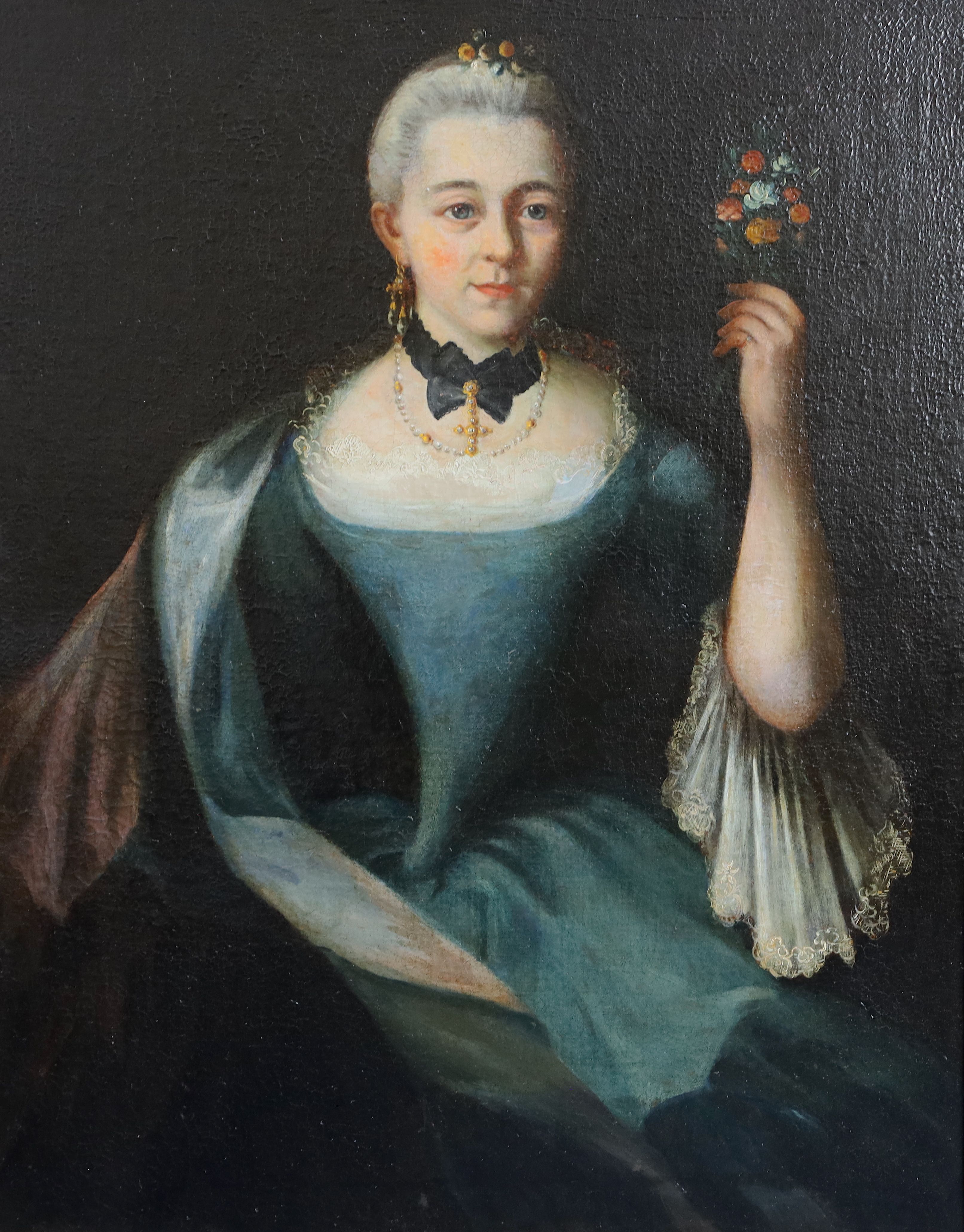 18th century French School Portrait of a lady holding a bouquet of flowers 32.5 x 25.25in.